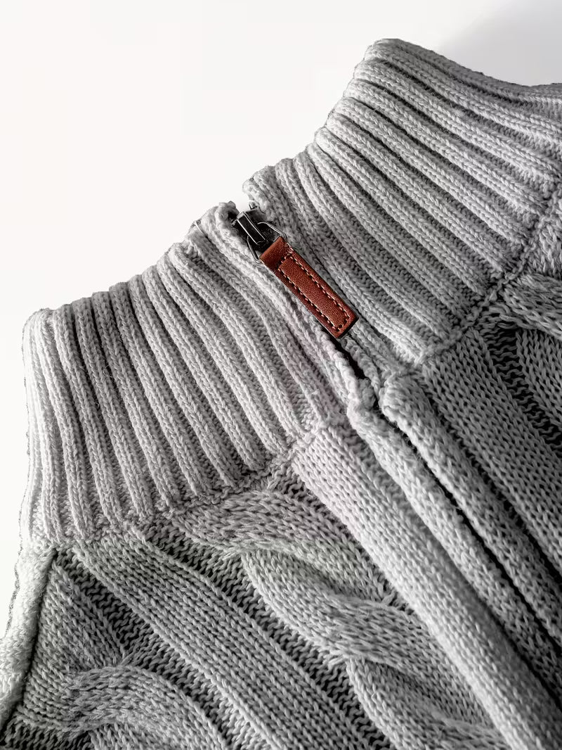 Solid Hue Zip-Up Knit Pullover